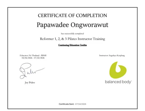 Reformer 1, 2 & 3 Pilates Instructor Training certificate, Balanced Body