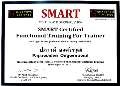 SMART Certified Functional Training for Trainers certificate, Smartgym Fitness Thailand